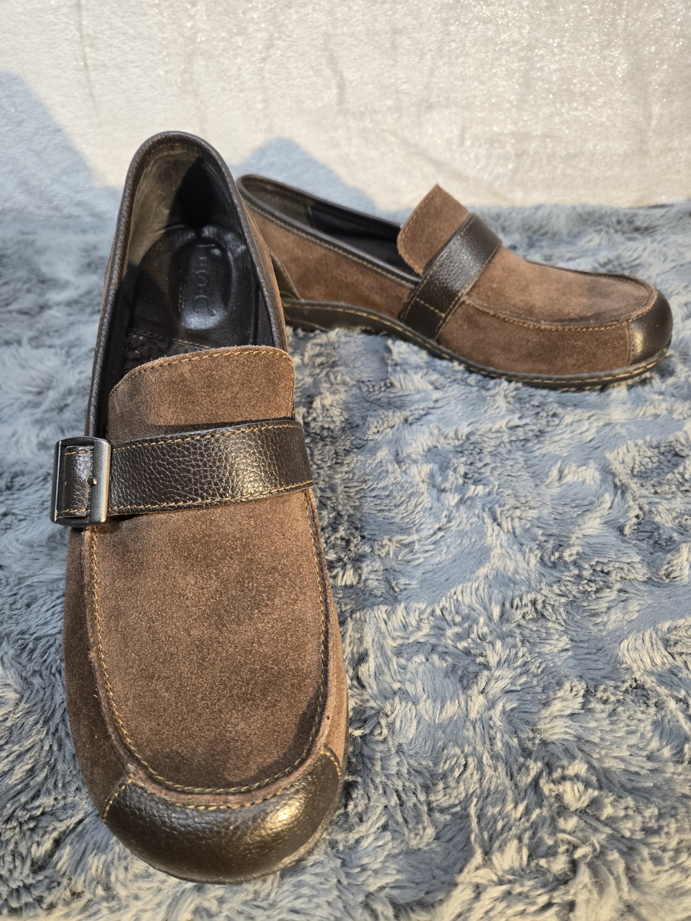 Women's Brown Suede Leather  Slip-On Loafers with Leather Trim, Buckle